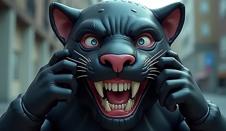 Realistic, man is trapped skintight inside a living inflatable anime style panther costume grabbing trying to take it off, inflatable panthers face is stretched skintight masked on mans face, panther has devious grin, the inflatable panther skin is sealing...