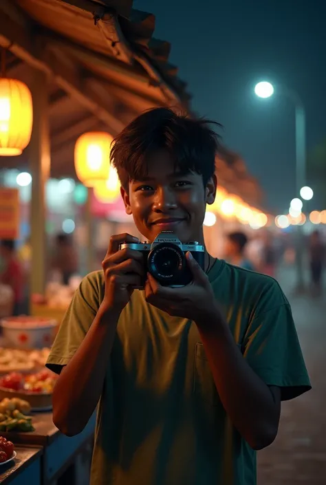 A young Indonesian man of 20 years old can clearly see his friendly face while taking a picture at a roadside stall in the village at night.and a spirit trnsfaran a woman so creepy is right next to her