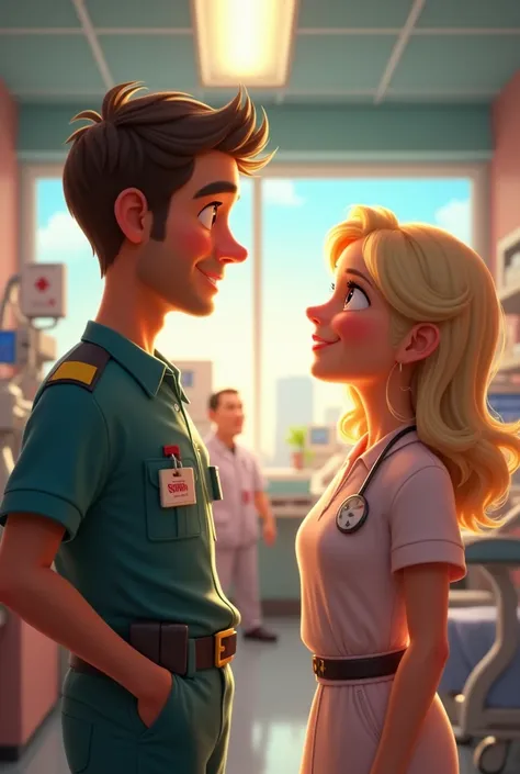 Créer un brancardier brun et une infirmière blonde qui tombe amoureux au premier regard style Pixar 