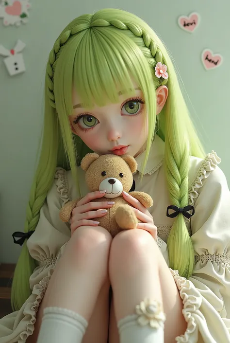  Beautiful girl with long lime hair partially unraveled front braid with ribbon decoration on each leg hugging a mini teddy bear. cute japanese gothic lolita style .baground plain wallpaper with small sticker DEVI HEND .