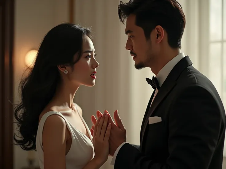 A beautiful Chinese girl is angrily scolding a handsome Chinese man dressed in a black suit.