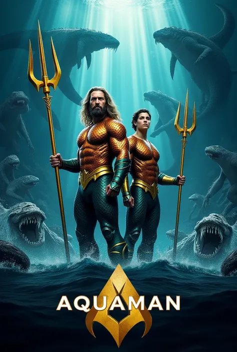 Create a poster for the movie "Aquaman 3" with Timothée Chalamet, Jason MomoaThe poster has an action and adventure style, showing the magical and dangerous underwater world. The poster focuses on the two main characters, Aquaman and another character, alo...