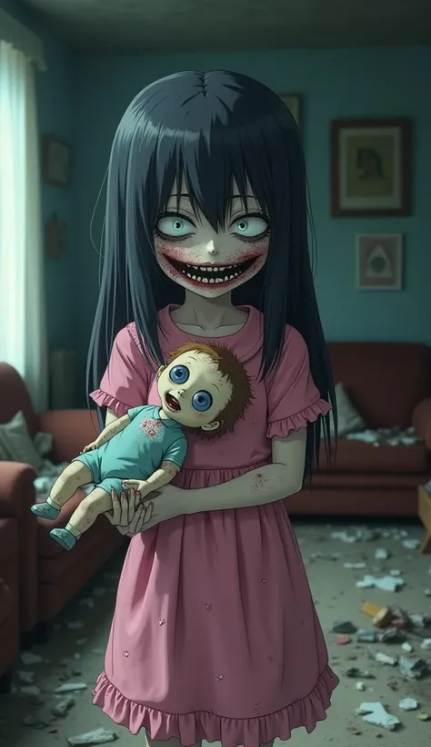 A realistic and terrifying depiction of "Shizuka" from the anime "Doraemon," styled in a horror theme. Her iconic pink dress remains intact but appears worn and dirty, with frayed hems. Her straight hair is disheveled and partially obscures her face. Her p...