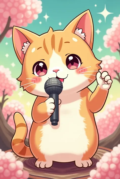 create cute cat and add an element of a microphone in art japanesse style
