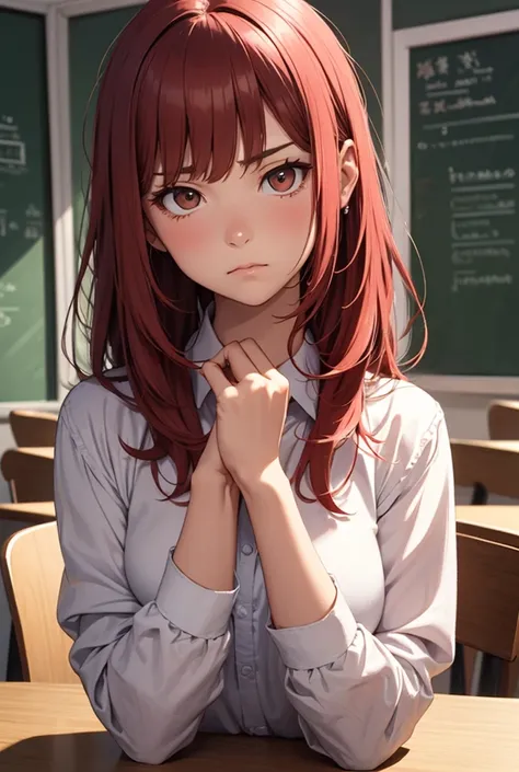 Red-haired girl with a furrowed brow looking at you in a class