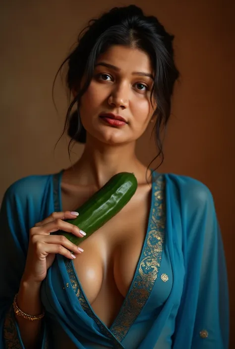 realistic girl, 1girl, beautiful detailed eyes, beautiful detailed lips, extremely detailed eyes and face, long eyelashes, blue indian blouse, deep cleavage, pink saree, low bun hairstyle, holding a long cucumber in between her breast, winking expression ,...