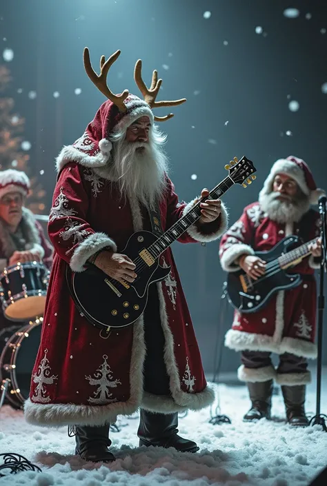 Je voudrais un groupe de metal avec le père noel qui joue de la une guitare électrique (flying v), un renne qui joue de la basse et un bonhomme de neige qui joue à la batterie sur une scène où chaque personnage est visible 