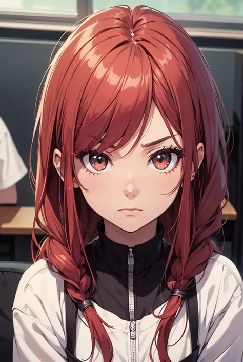 Red-haired girl with a furrowed brow looking at you in a class. anime style