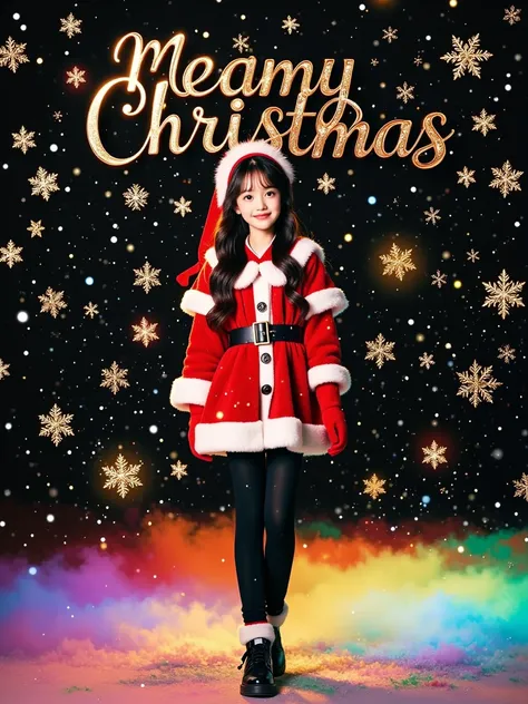 Photography portrait, realistic, surrealistic image, wide-angle panoramic full view display, commercial art poster design, colorful black background, scattered snowflakes, 1 girl, full-body shot, Christmas attire, warm light, English title "Dreamy Christma...