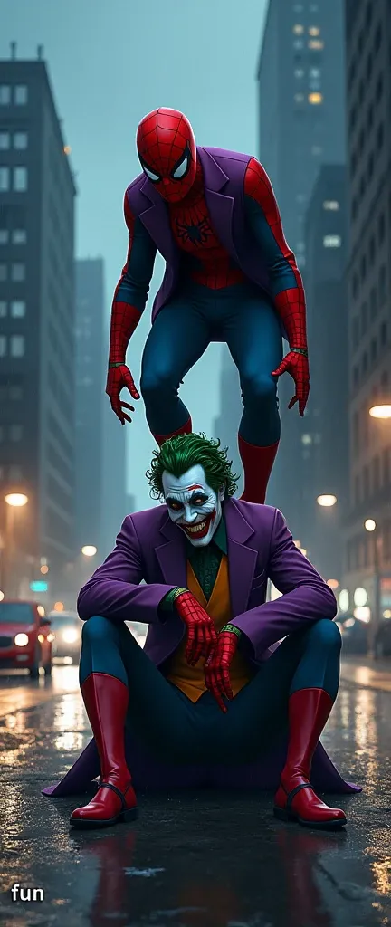  The image is a digital illustration of Spiderman and the Joker .  The background is a city street at night, with tall buildings and cars .  The sky is dark and cloudy, and the ground is wet, indicating recent rainfall. .  The two characters are in the mid...