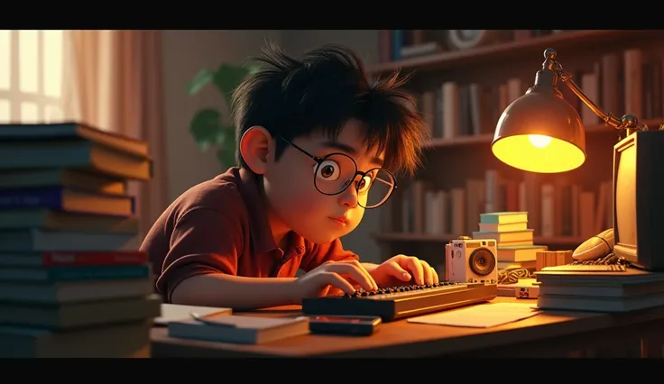 A young Jimmy Zhong, overweight with messy hair and thick glasses, typing on an old keyboard in a dimly lit room, glancing at the camera with a focused expression, surrounded by stacks of books and gadgets, illustration realist, street light in gold and re...