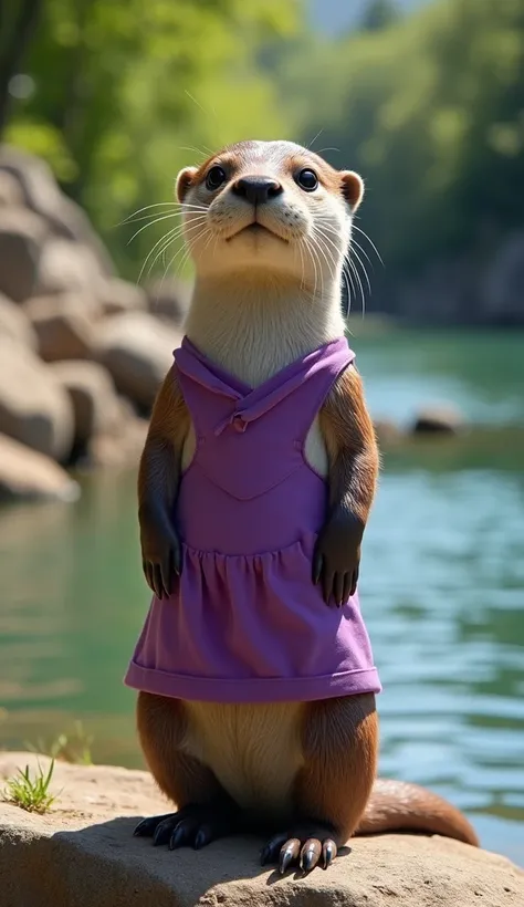 Create a whimsical scene of an otter standing upright by a serene river with lush greenery and rocks in the background. The otter is humorously dressed in a fitted purple dress, resembling a human-like posture and style. The setting is bright and sunny, wi...