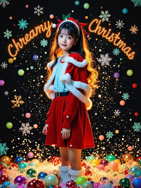 Photography portrait, realistic, surrealistic image, wide-angle panoramic full view display, commercial art poster design, colorful black background, scattered snowflakes, 1 girl, full-body shot, Christmas attire, warm light, English title "Dreamy Christma...