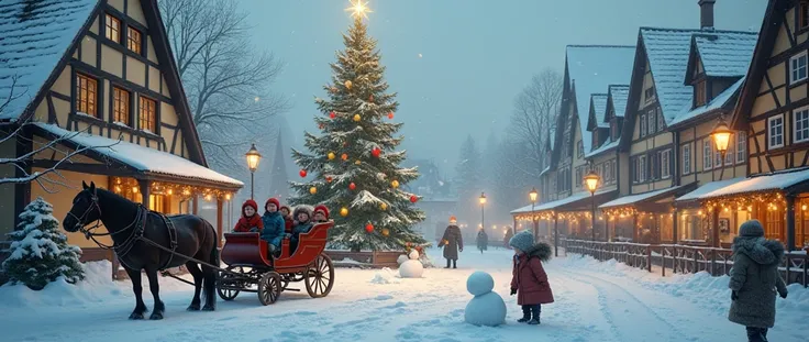 Photorealistic, A Christmas scene, in an old German village, a large Christmas Tree in the town square, ren building snowmen, colored Christmas lights, a horse towing a slay, snow on the ground, a very pretty scene, 