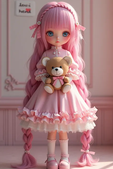 
 Beautiful girl 5D long fuschia hair partially unraveled in front braid with ribbon decoration on each leg. Standing cuddling a mini teddy bear. cute japanese gothic lolita style .baground plain wallpaper with small sticker DEVI HEND .