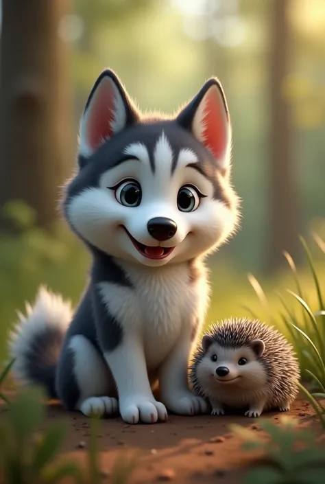 Husky white and gray detailed, Husky teen,  friendly face, In a forest environment,  beautiful and detailed eyes , hermosa nariz detallada,  beautiful detailed mouth . The husky is next to an elderly hedgehog, photorealistic  , 8K, , cinematic lighting,  v...