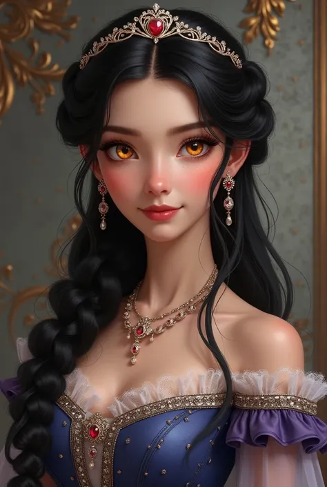 Portrait Description:

Character: A beautiful princess with an enchanting presence.
Hair: Long, flowing black hair styled in a medium-length braid that cascades elegantly down her back. The braid is adorned with delicate silver threads or small jewels. She...