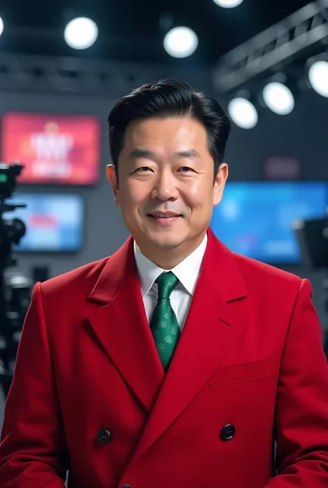 Make a  photo as a realistic  news anker of korean man. Whoe"s  as is 35 to 35 &   he was wearing  red  coat , green  tie & back ground  scenes  is  amazing  unique  T  V  studio