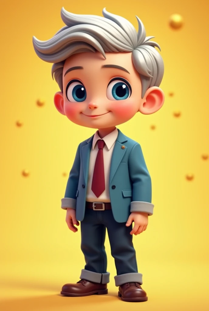  A boy with fair skin , small nose, one blue eye, another red, white and gray hair .  wearing a baby blue suit with a dark red tie. black jeans. smiling,  A yellow background with small dark yellow balls. Style a bit Cartoon  