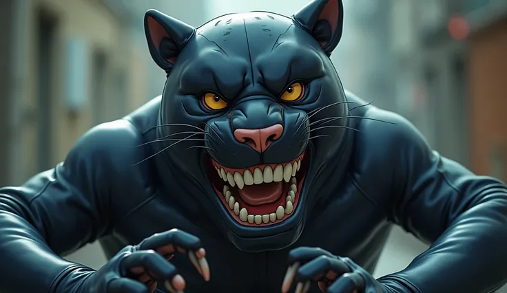 Realistic, man is trapped skintight inside a living inflatable anime style panther costume grabbing trying to take it off, inflatable panthers face is stretched skintight masked on mans face, panther has devious grin, the inflatable panther skin is sealing...