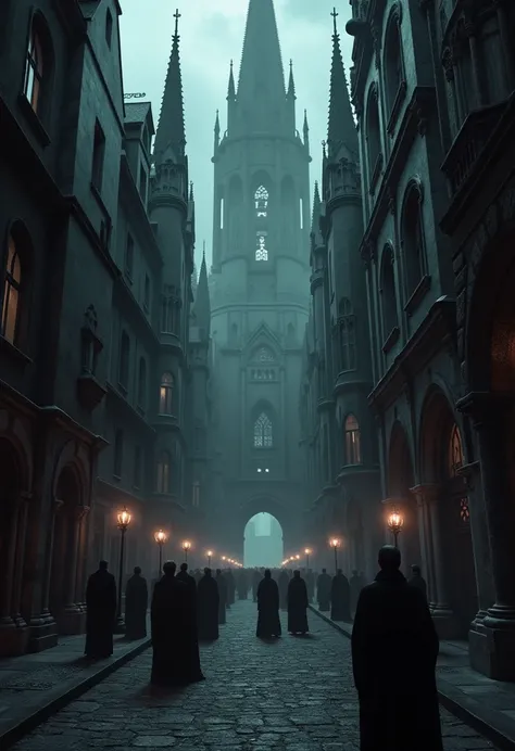 
Create a dark and menacing image of a vampire city in a gothic medieval style. The scene depicts a narrow alleyway flanked by towering black marble buildings, their architecture intricate and haunting. The atmosphere is oppressive, with the towering struc...