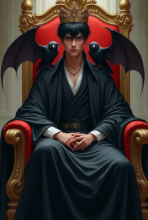 Young king with crown short hair, black dress, sitting in his chair with two bats on each shoulder. realism 