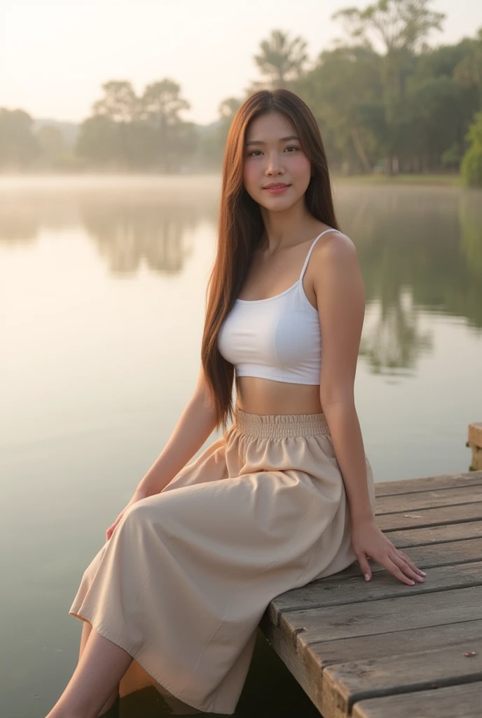 3D style,((full body)), (looking at viewer), ultra high res,(realistic:1.4),Set along a serene lakeside during the early hours of dawn, a Thai woman with long brunette hair sits contemplatively on a wooden dock, her feet dangling just above the water’s sur...