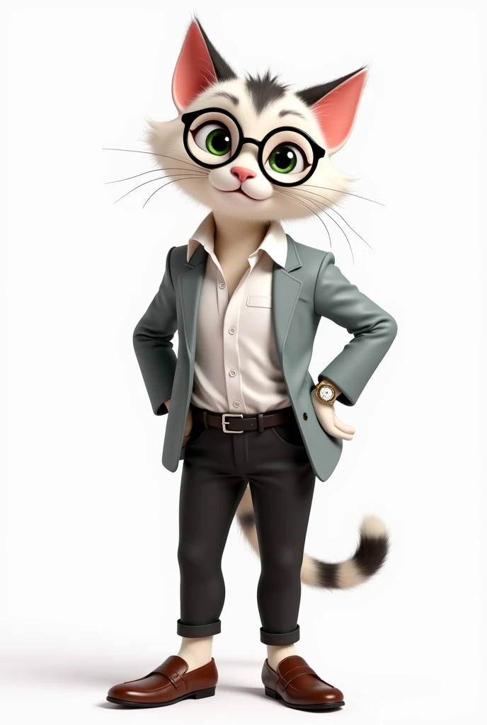 A charming anthropomorphic cat with a human-like physique. The character has predominantly white fur adorned with scattered black spots, giving a playful and unique look. The cat has a lean and athletic build, standing upright with a graceful posture. Its ...