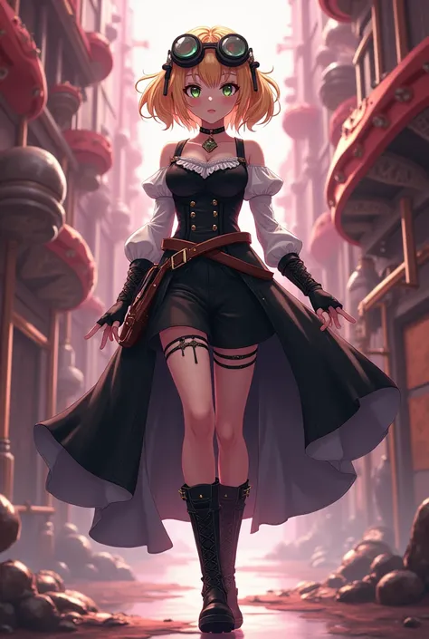 Anime girl, huge breasts,  blonde short pigtails, green eyes, engineer goggles, steampunk style black gothic dress,   high boots, best quality, anatomical correct,    steampink city  background, walks,
