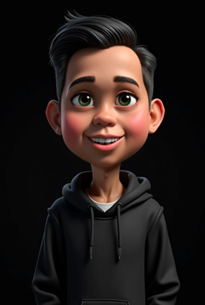 Realistic 3D caricature big head, 30 year old Indonesian man, ideal height, slightly fat, handsome, narrow eyes, faint smile, wearing a black hoodie, body position clearly visible, black background, using lighting