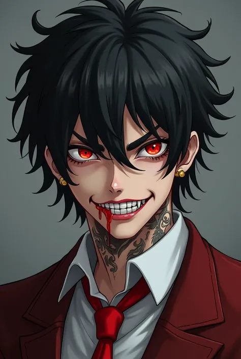 Now make a vampire, make him very attractive, look like a 26 year old man.  Messy black hair, somewhat long, not too much.  Red eyes, a smug and deductive grin on his face, showing his fangs.  Her hair will be black with some shades of red.  She will wear ...