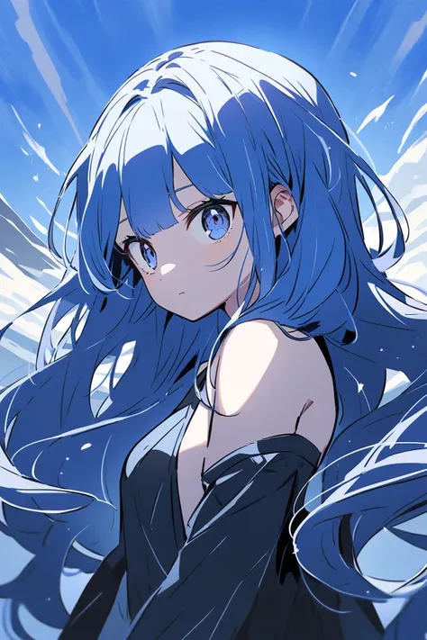 Illustration of an anime girl with lapis lazuli blue hair and eyes and a nice background