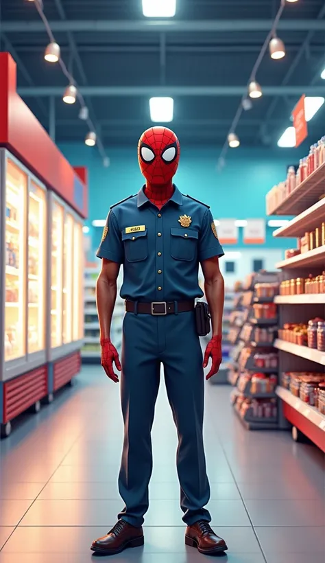  Another illustration of a man in a security uniform wearing a spiderman mask. standing inside a supermarket .  The man has an ice cream freezer and several food display racks .  The background shows a large supermarket and very bright lighting .  gives a ...