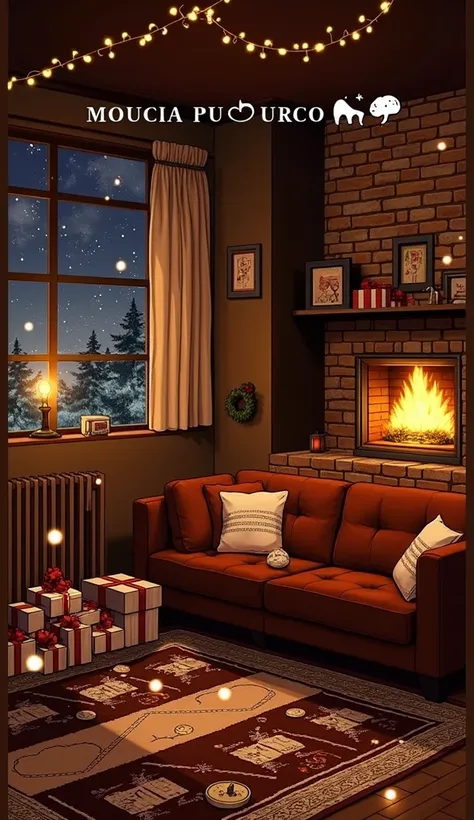 An anime-style illustration of a cozy indoor Christmas scene with a warm and magical ambiance. The room is softly lit, with a tall, beautifully decorated Christmas tree as the centerpiece. The tree glows with golden fairy lights, casting a warm yellow ligh...