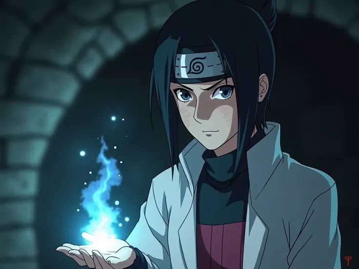  A   with dark hair, not naruto , shinobi, scientist,  experiments and watches with admiration, the headband of the hidden leaf village , anime, рисовка как в anime наруто,  character NOT naruto , Orochimaru lab underground 