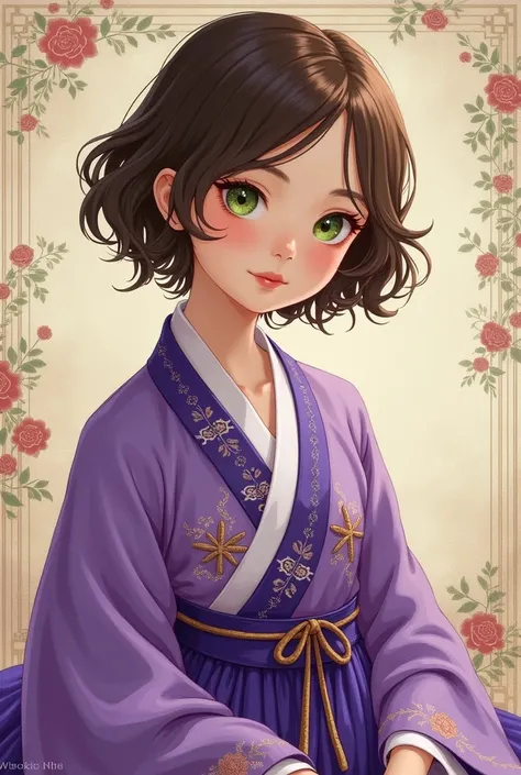   girl , brown-haired,  short hair ,  green eyes , in purple hanfu ,  in the style of drawings by artist Bilibin