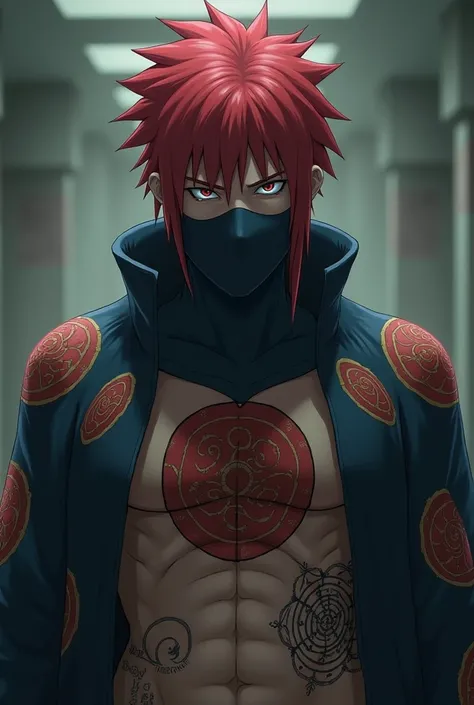 Draw a red-haired man from the Uzumake clan who, wearing an empty mask from Close, partially covers his face and there are different seals all over his body