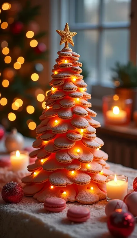 （masterpiece、  High Quality  、  high image quality、８hair、  Details）、 Christmas tree made by stachairing 虹色のmacarons、Table decorated with star-shaped sugar candy  、 ginger coohairie decorations 、  Christmas ornaments 、   romantic vibe 、 Candlelight、 photore...