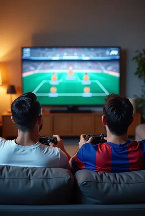 wo iconic soccer players resembling Cristiano Ronaldo and Lionel Messi are sitting on a modern couch, each holding a video game controller. One is wearing a plain white jersey, and the other is in a plain blue-and-red jersey, both without logos. They are s...