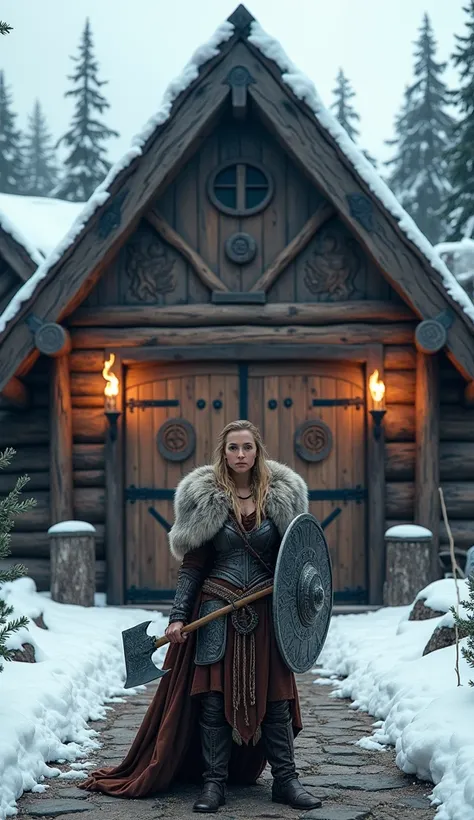 A grand Viking longhouse nestled in a rugged Nordic landscape surrounded by snow-capped mountains and dense pine forests. The house is built from massive logs with intricate carvings of Norse runes and mythical creatures like dragons and wolves. A towering...