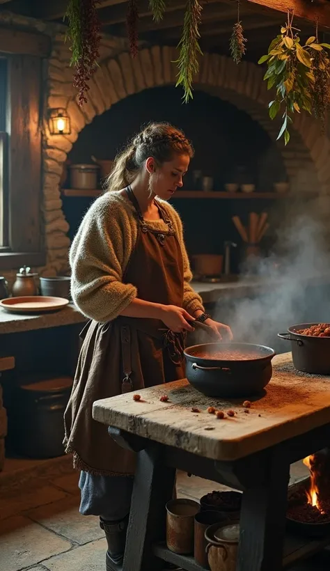 A rustic kitchen with stone ovens and iron pots hanging from wooden beams. Herbs and spices dangle from the ceiling, while a large butchers block serves as the central prep area. A Viking lady, clad in a practical leather apron and a woolen tunic, stirs a ...