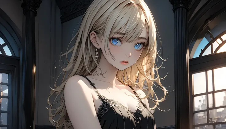 Teenage girl character. The girl has short blonde hair and sparkling blue eyes. Pale skin, beautifully detailed eyes, sad expression, black sexy camisole, (Highly detailed elegant), detailed skin, room scene background, adding dramatic and symbolic element...