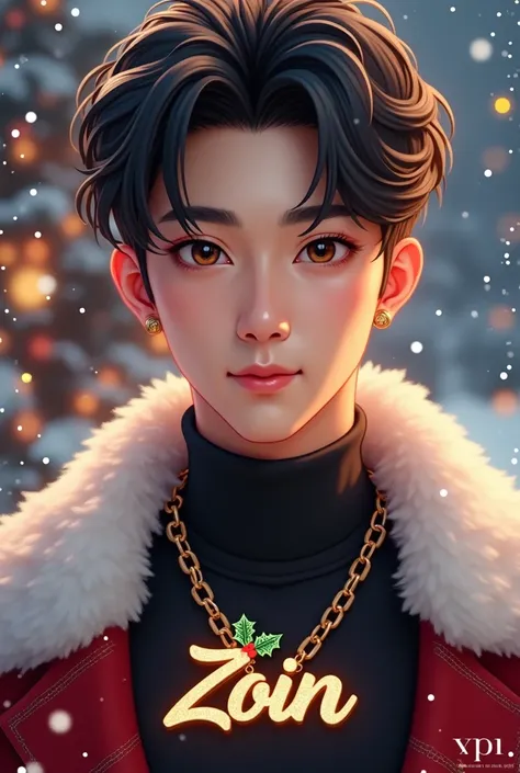 Generate me a image of a Korean man  look like a korean idol and put a necklace and put a name zoin on it Christmas style 
