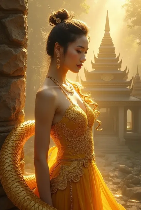 Oil painting, very realistic, Thai woman is very beautiful and sweet, she is standing with a golden naga, hair tied up high, white skin, golden aura all over the body, wearing a golden Thai dress, full gold jewelry, the background is an ancient stone castl...