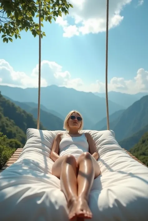 Beautiful Asian woman, 18 years.
 Very large chest, size 45 inches,
a serene scene where a person with short blonde hair is lounging outdoors on a cozy white comforter atop a suspended platform or hammock-like structure. The setting is surrounded by breath...