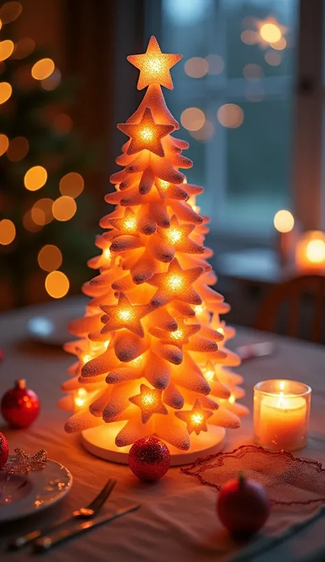 （masterpiece、  High Quality  、  high image quality、８k、  Details）、 Christmas tree made by 寿司、Table decorated with star-shaped sugar candy  、  Christmas ornaments 、   romantic vibe 、 Candlelight、 photorealistic 、Original photo、