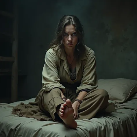 a lady in old clothes sitting on the bed warning with her toe, the image has a dark air