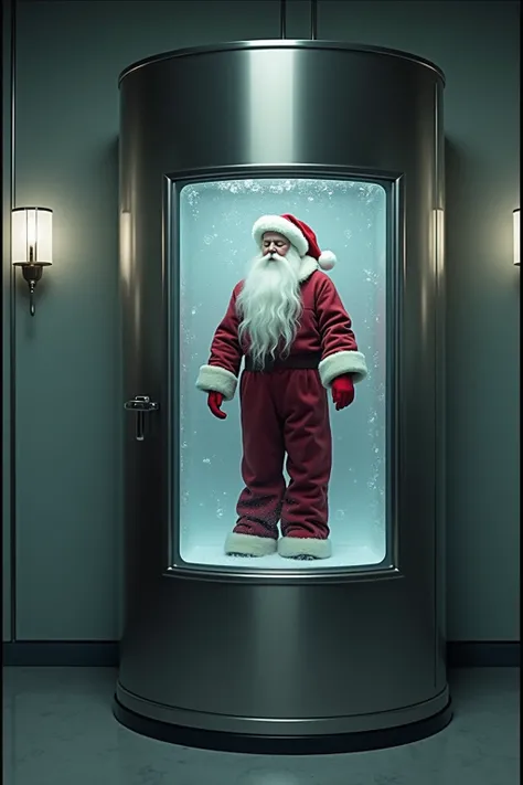 wide shot photo of a stainless steel cylinder with glass window standing in a funeral home, through the window you can see the full body of santa clause frozen in a ice block, standing with eyes closed, sleeping peacefully, photorealistic, photoreal, photo...