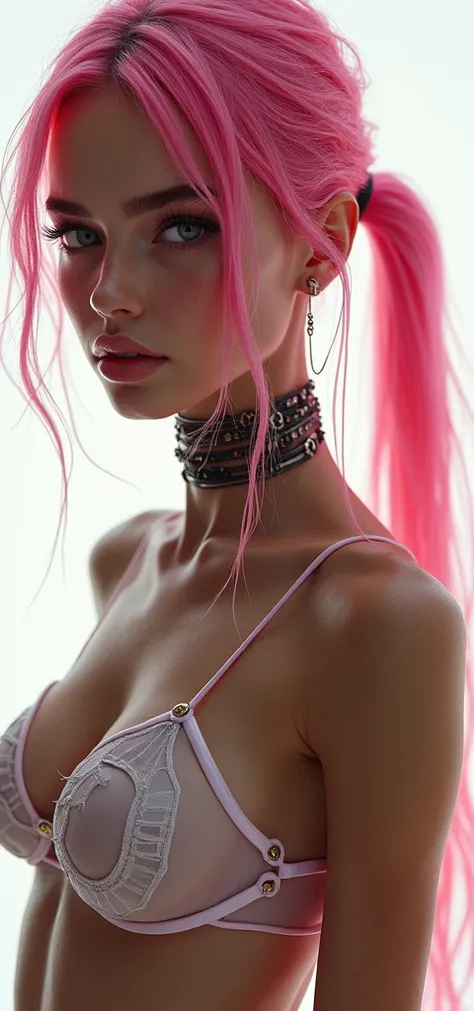 Best quality, highest resolution, detailed depiction, delicate depiction, strong lighting, brazilian fashion model female body type, pink hair, low twin tails, cyberpunk edge liner, cyberpunk, closeup view, photorealistic close portrait, bust view,white ba...