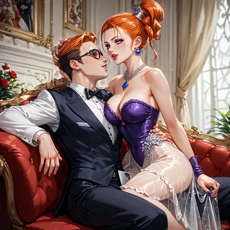 (( top quality )), ((masterpiece)), ( Details), （ perfect face）、Orange-haired Jessica Albert, who became an elegant countess after a formal marriage, wears a jeweled see-through sexy dress, hugged and kissed her husband, an old countess man, and is loved f...